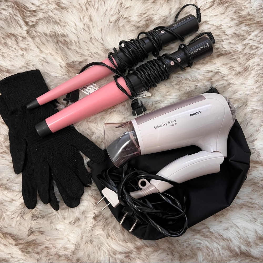 Remington curling wands x2 and Philips travel hairdryer (works in the US and EU)